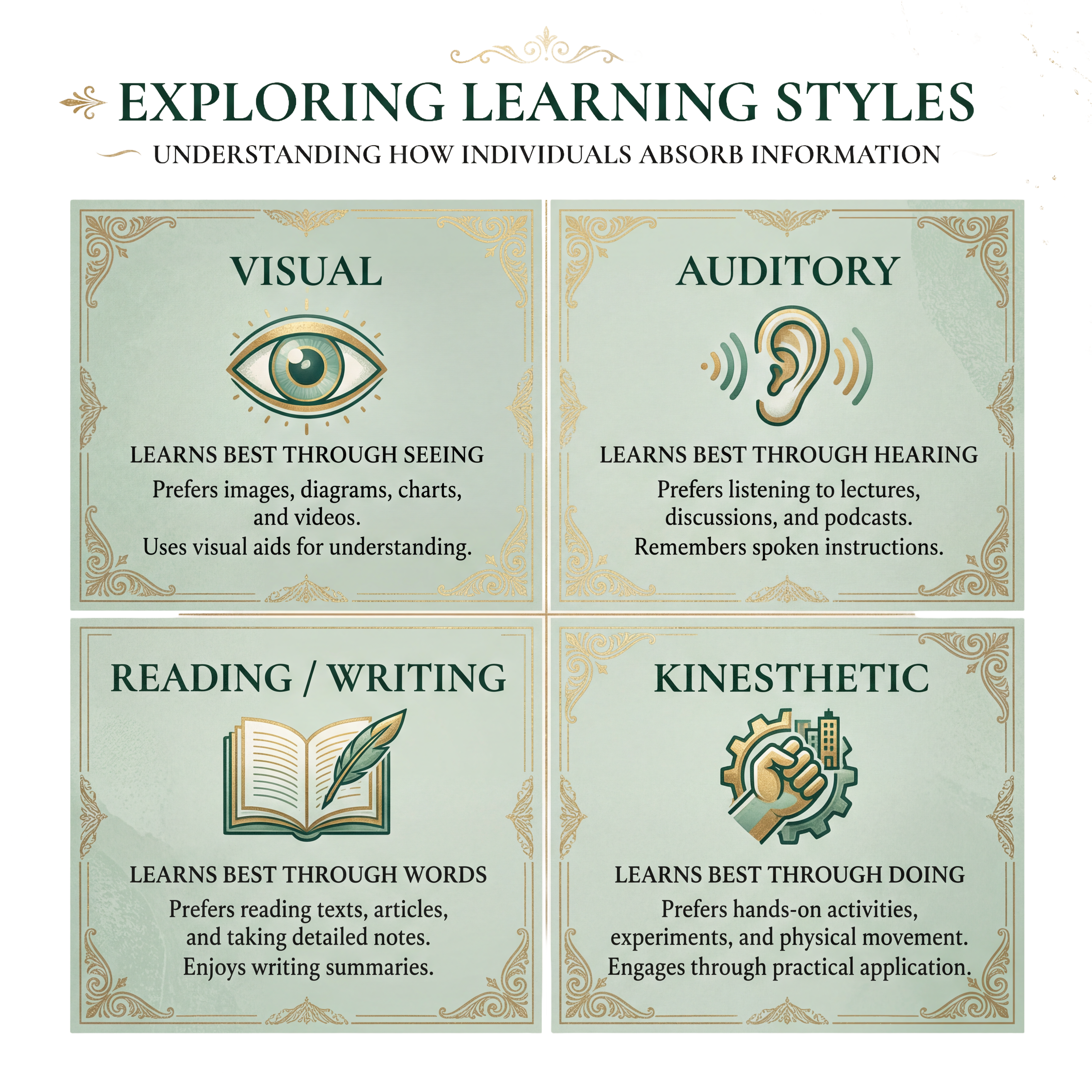 Learning styles quadrant: Visual, Auditory, Reading/Writing, Kinesthetic