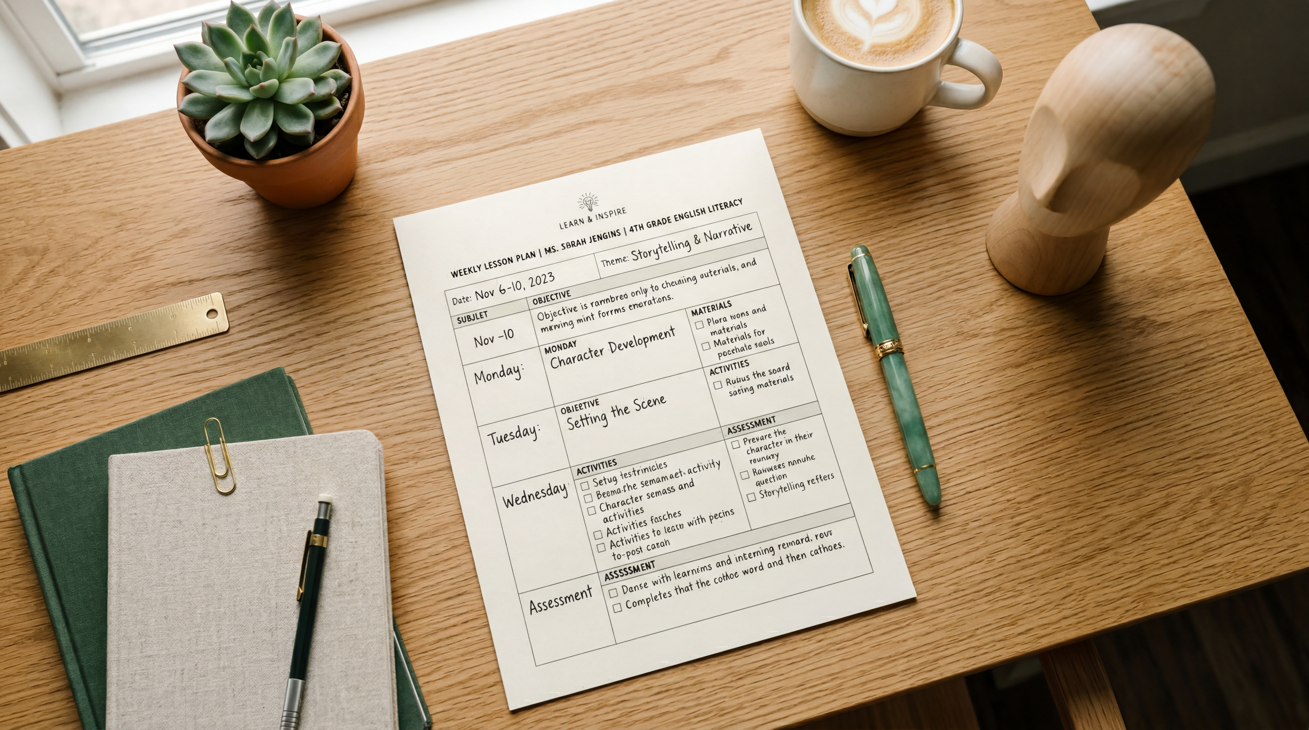 Lesson plan template preview on a clean wood desk