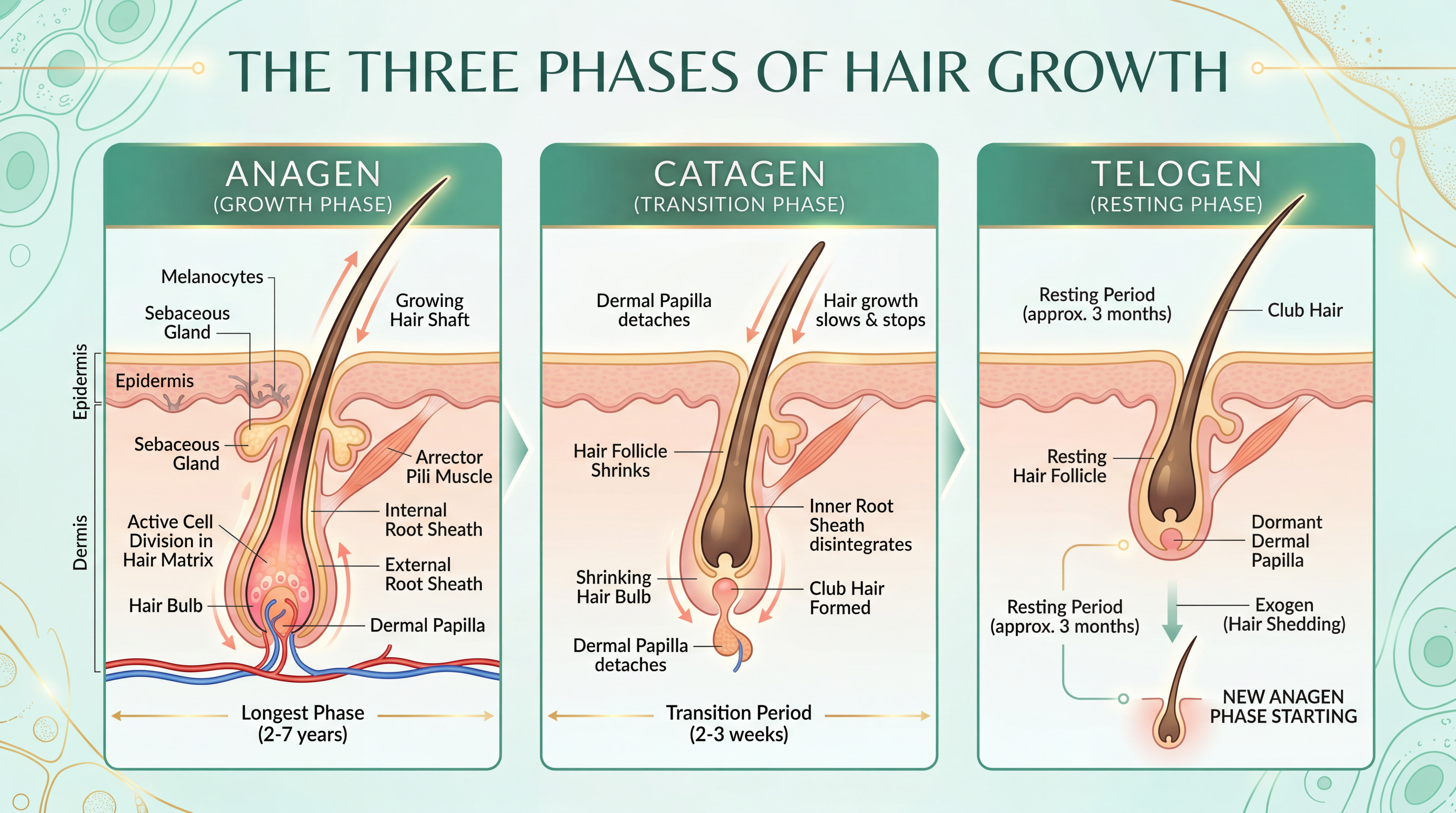 Hair growth cycle diagram: Anagen, Catagen, Telogen