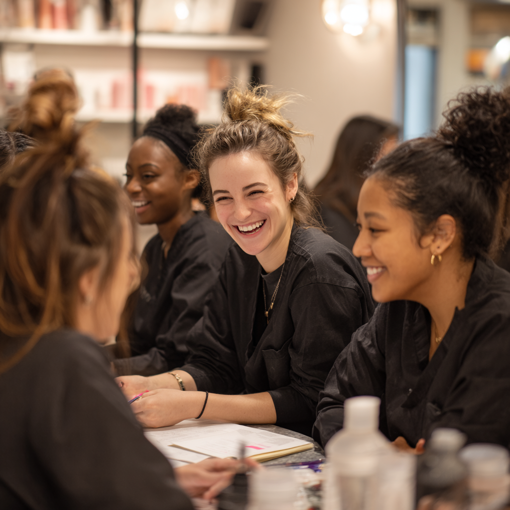 A diverse group of beauty school students laughing a