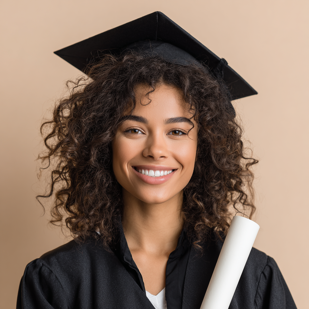 A proud diverse beauty school graduate holding a cer