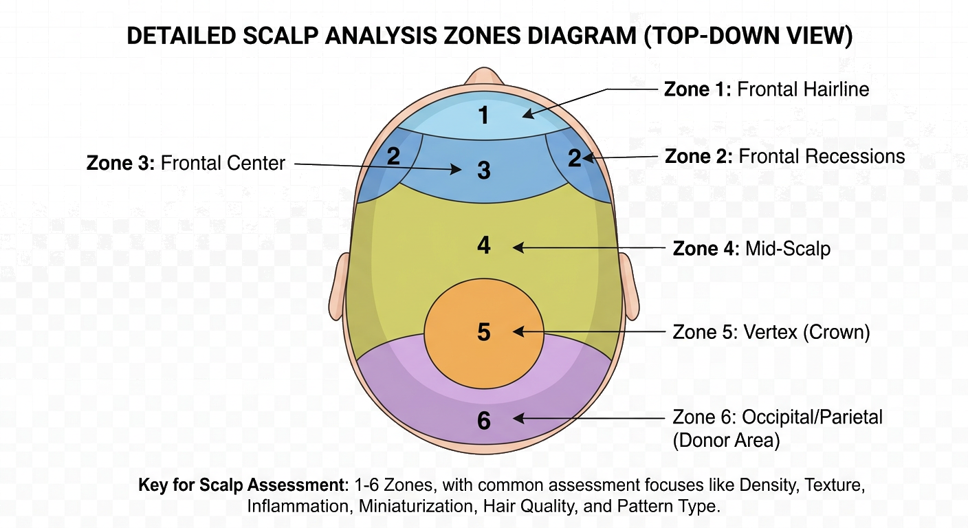 Scalp analysis zones — document findings per area